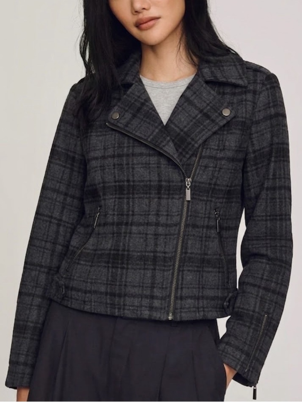 Tart Wool Blend Plaid Motorcycle Jacket Womens Size M Dark Moto Asymmetrical Zip